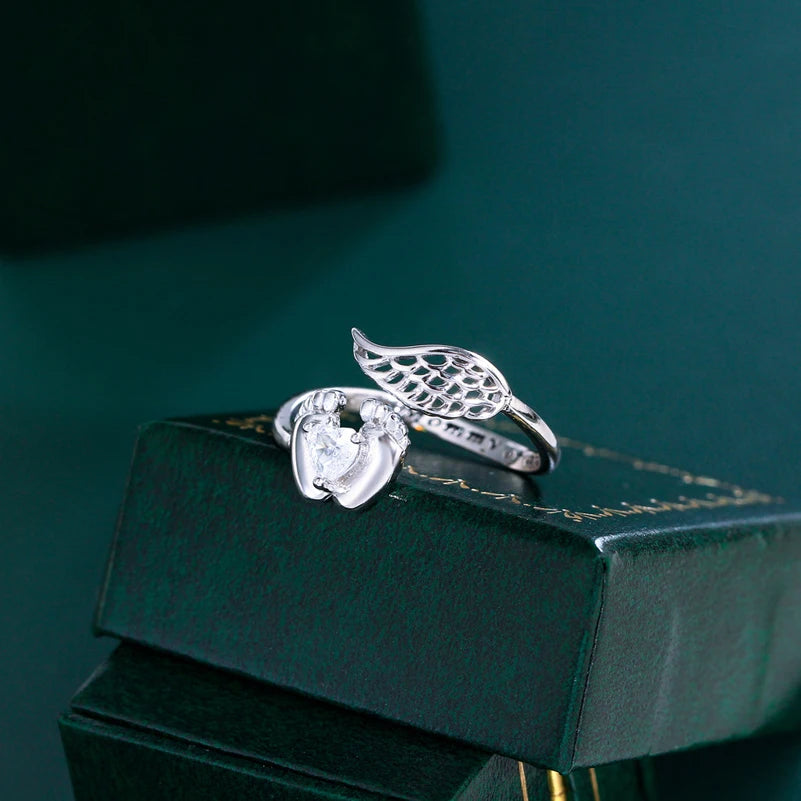 QooLady S925 Sterling Silver Heart CZ Stone Angel Wing Feet Adjustable Size Wrap Ring for Women Mother Day Jewelry Gifts SR040