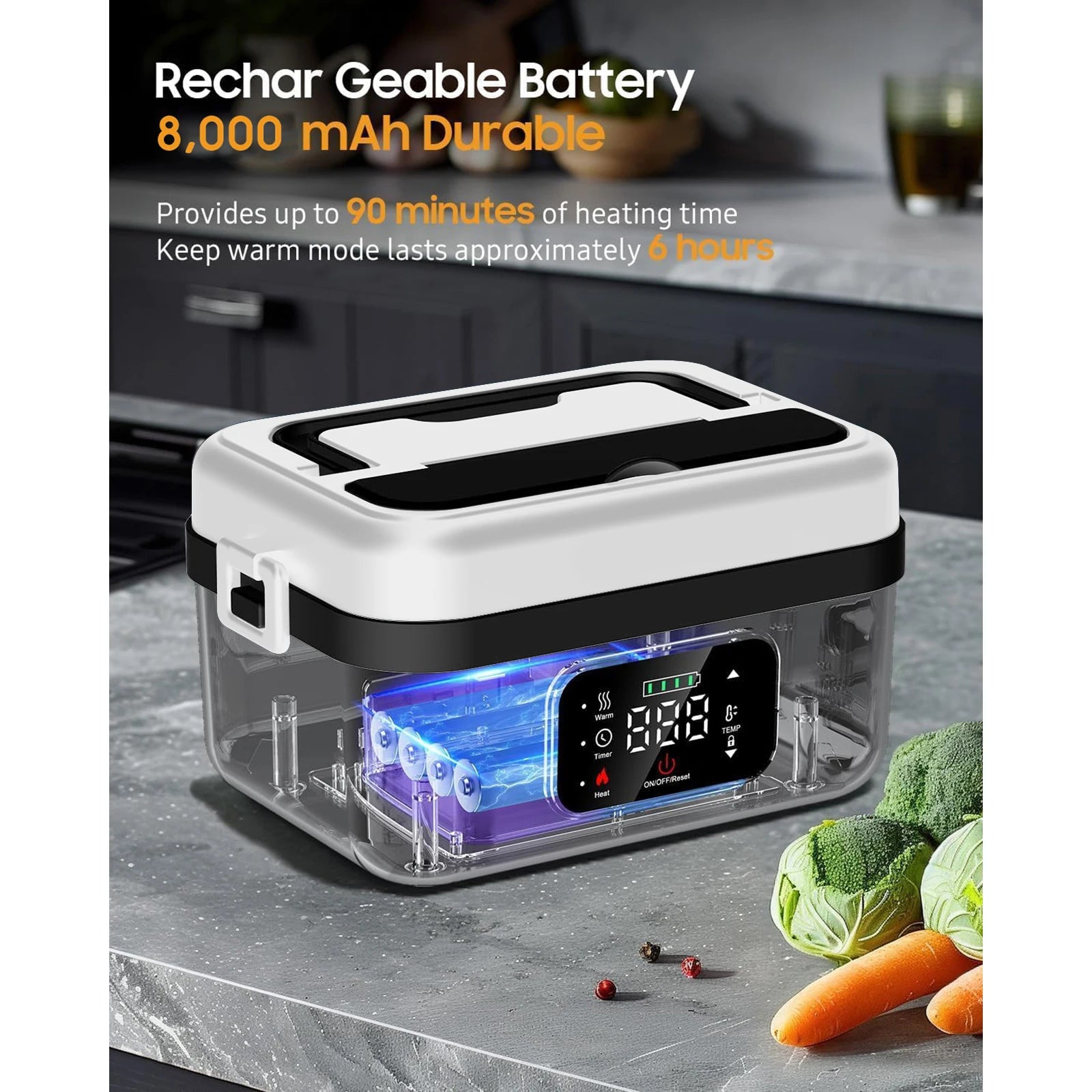 8000mAh Rechargeable Timer Automatic Heating Lunch Box, 1L Portable Food Warmer with Fork and Spoon and Insulated Carrying Bag
