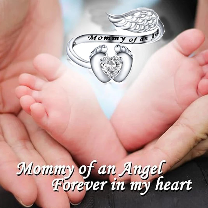 QooLady S925 Sterling Silver Heart CZ Stone Angel Wing Feet Adjustable Size Wrap Ring for Women Mother Day Jewelry Gifts SR040