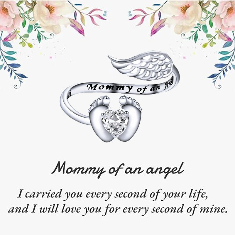 QooLady S925 Sterling Silver Heart CZ Stone Angel Wing Feet Adjustable Size Wrap Ring for Women Mother Day Jewelry Gifts SR040