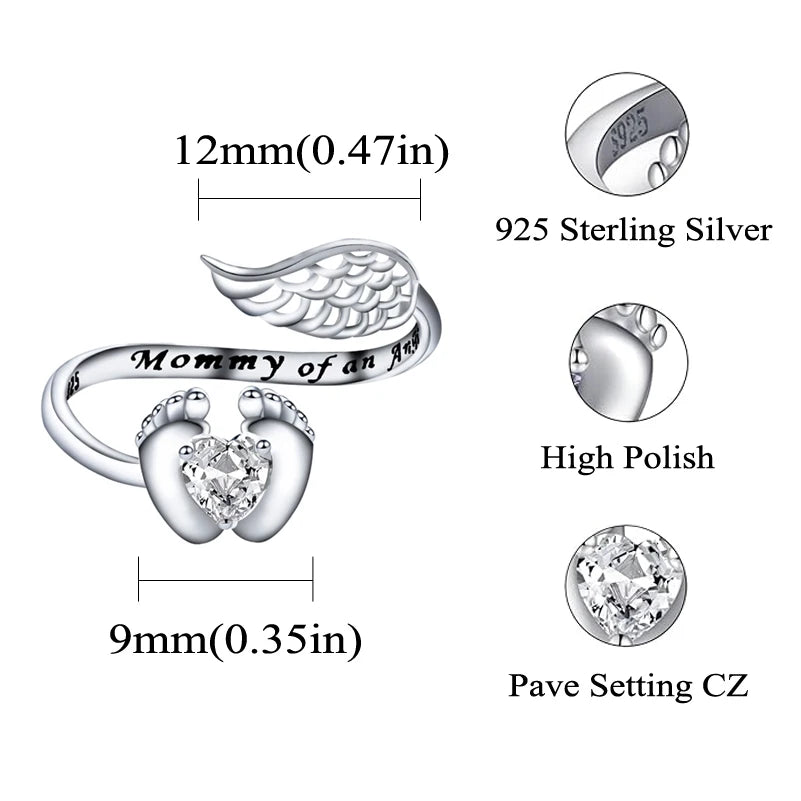 QooLady S925 Sterling Silver Heart CZ Stone Angel Wing Feet Adjustable Size Wrap Ring for Women Mother Day Jewelry Gifts SR040