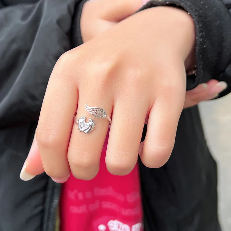 QooLady S925 Sterling Silver Heart CZ Stone Angel Wing Feet Adjustable Size Wrap Ring for Women Mother Day Jewelry Gifts SR040