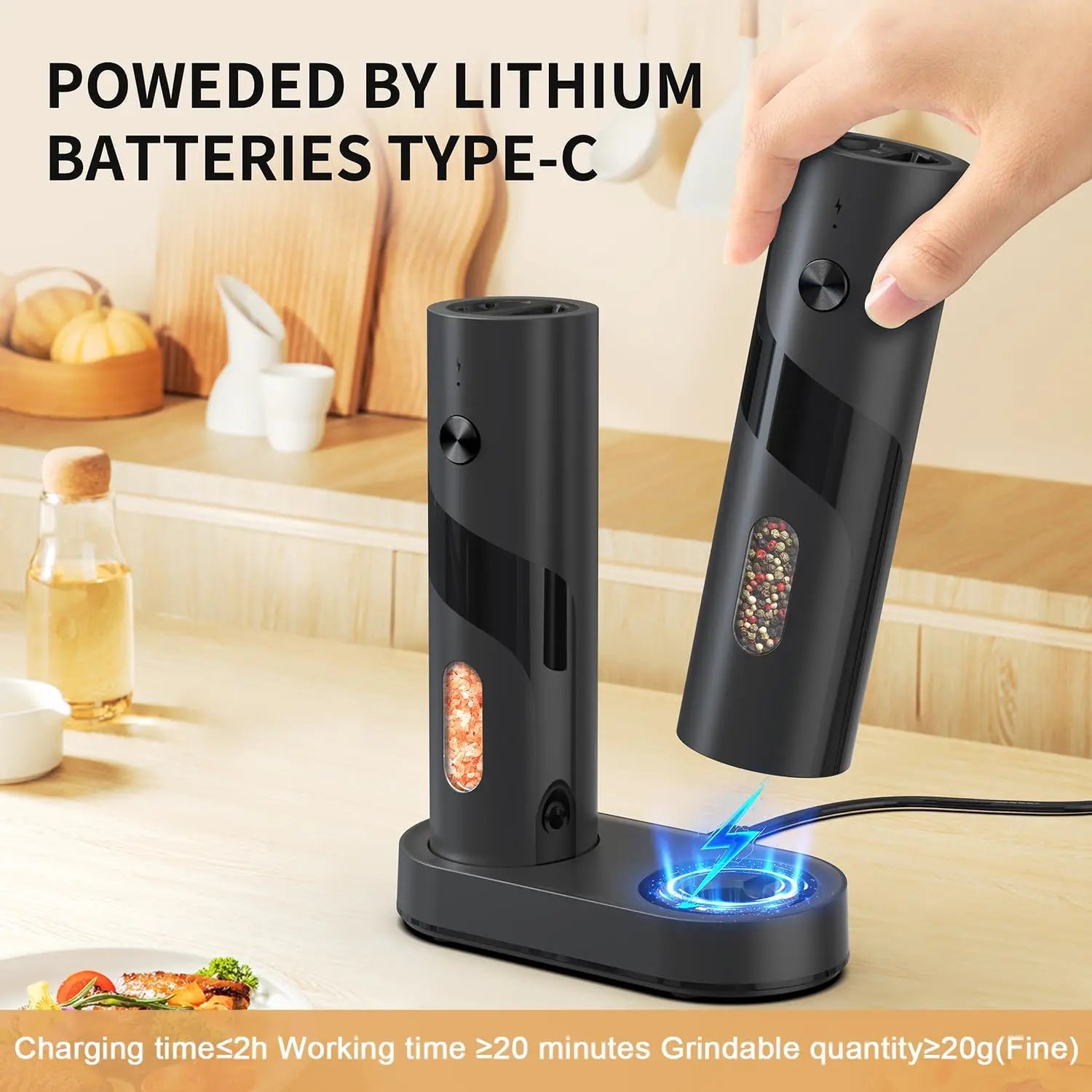 Elektrisches, wiederaufladbares Salz- und Pfeffermühlen-Set mit Top-Fill-System, automatischer Pfeffermühle mit Ladestation und einstellbarem Mahlgrad
