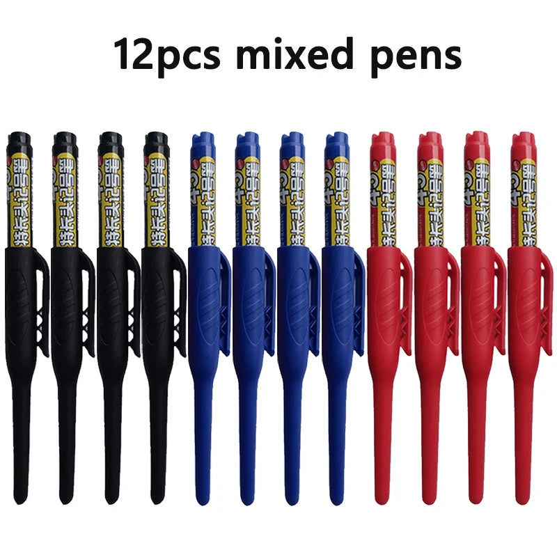 12pcs 45mm Tip Long Head Marker Pens, Black/Blue/Red Woodworking Drilling Tile Marking Pen Can Be Filled, for Deep Hole Marking