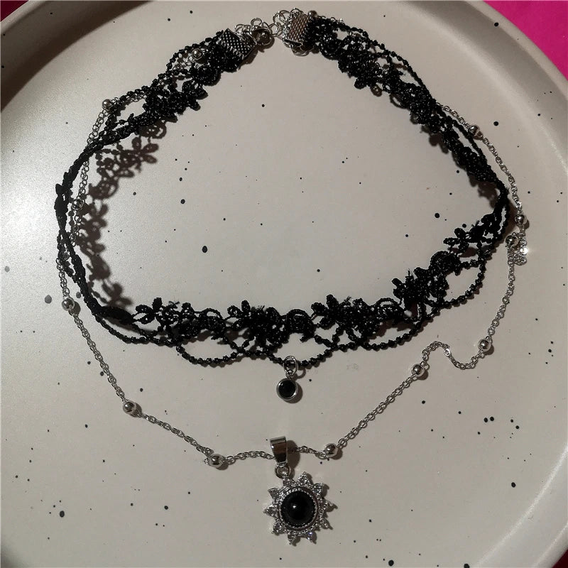 Gothic Vintage Y2K Black Sun Pendant Lace Multi Layer Chain Choker Necklace For Women Egirl Trendy Aesthetic Jewelry Accessories