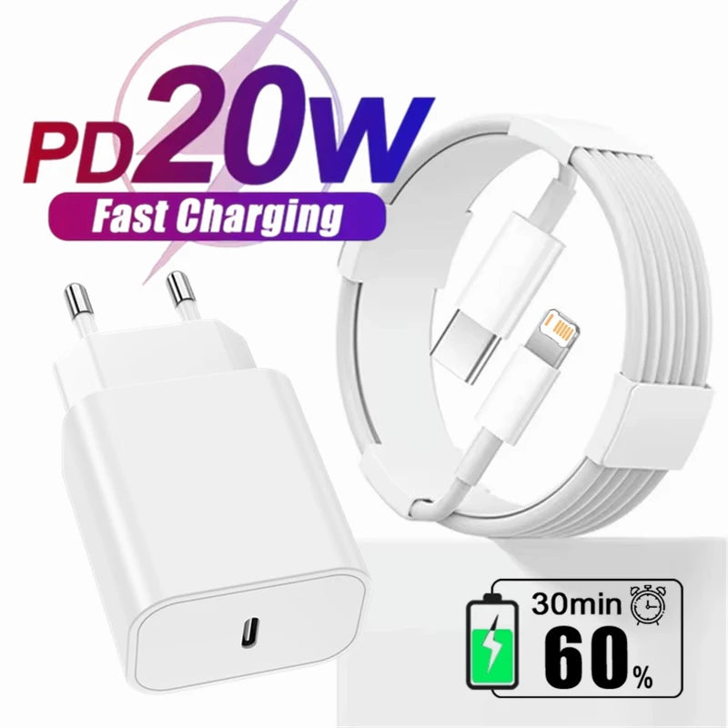 20W PD EU Plug Fast Charger For iPhone 11 12 13 Mini 14 Pro Max X XR XS Max 7 8 Plus SE Quick Charging USB-C PD Charger Cables
