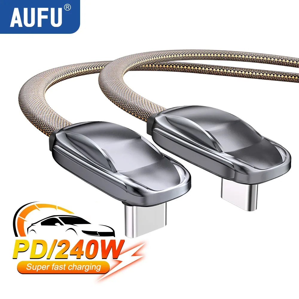 AUFU 240W USB C To Type C Cable 90 Degree Elbow Mobile Phone Fast Charging For iPhone 16 15 Xiaomi Realme Phone Charging Cord