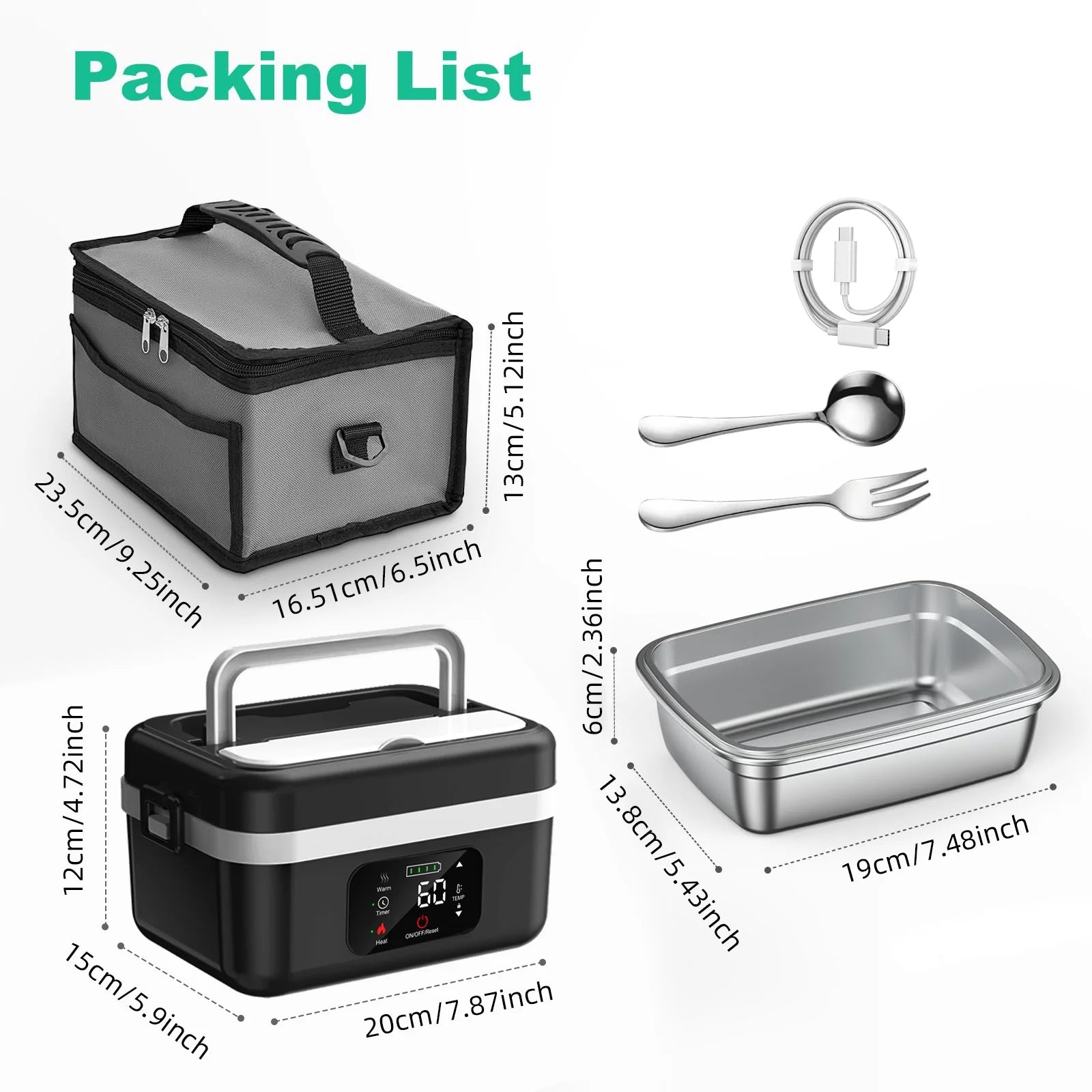 8000mAh Rechargeable Timer Automatic Heating Lunch Box, 1L Portable Food Warmer with Fork and Spoon and Insulated Carrying Bag