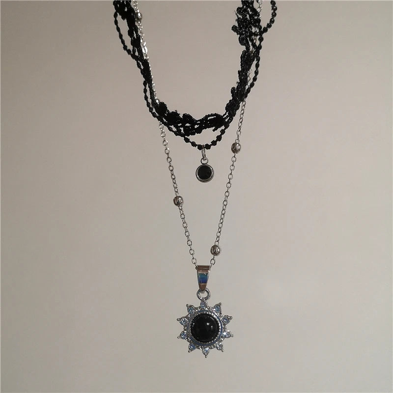 Gothic Vintage Y2K Black Sun Pendant Lace Multi Layer Chain Choker Necklace For Women Egirl Trendy Aesthetic Jewelry Accessories