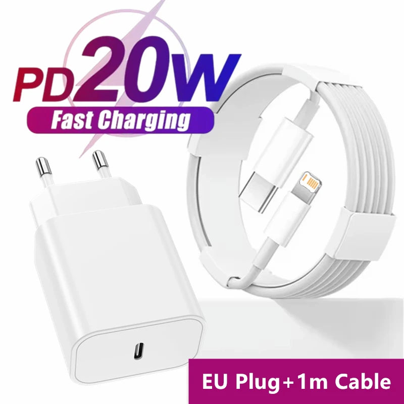 20W PD EU Plug Fast Charger For iPhone 11 12 13 Mini 14 Pro Max X XR XS Max 7 8 Plus SE Quick Charging USB-C PD Charger Cables