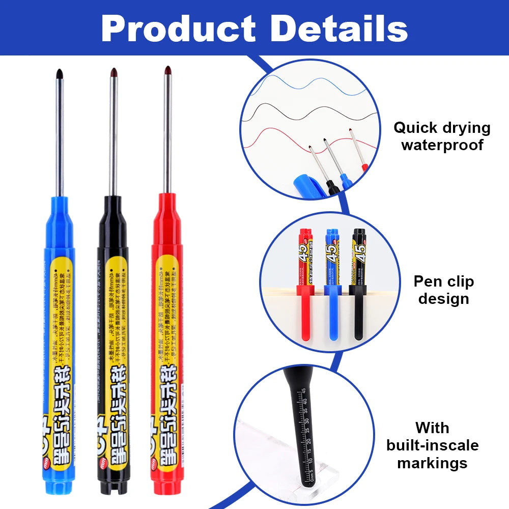 12pcs 45mm Tip Long Head Marker Pens, Black/Blue/Red Woodworking Drilling Tile Marking Pen Can Be Filled, for Deep Hole Marking