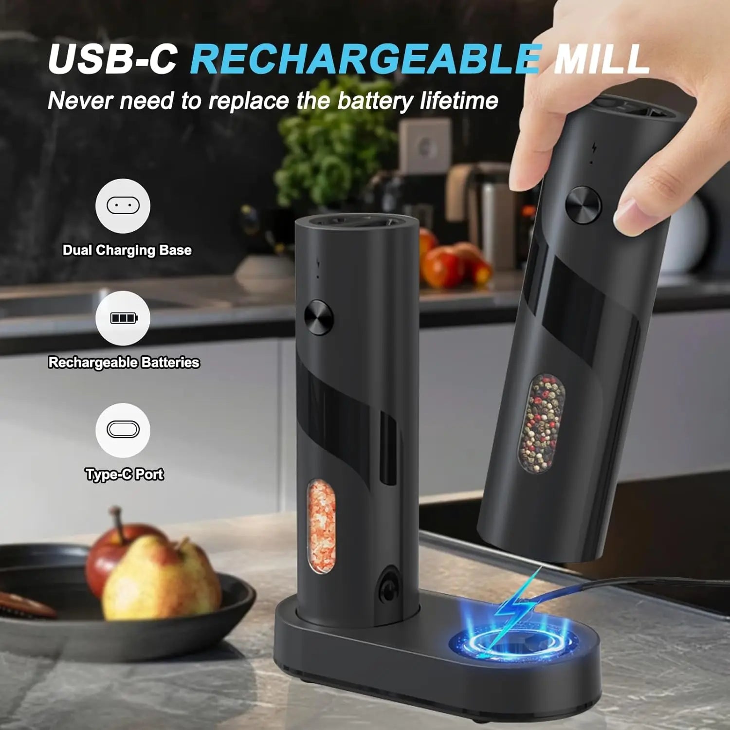 Elektrisches, wiederaufladbares Salz- und Pfeffermühlen-Set mit Top-Fill-System, automatischer Pfeffermühle mit Ladestation und einstellbarem Mahlgrad