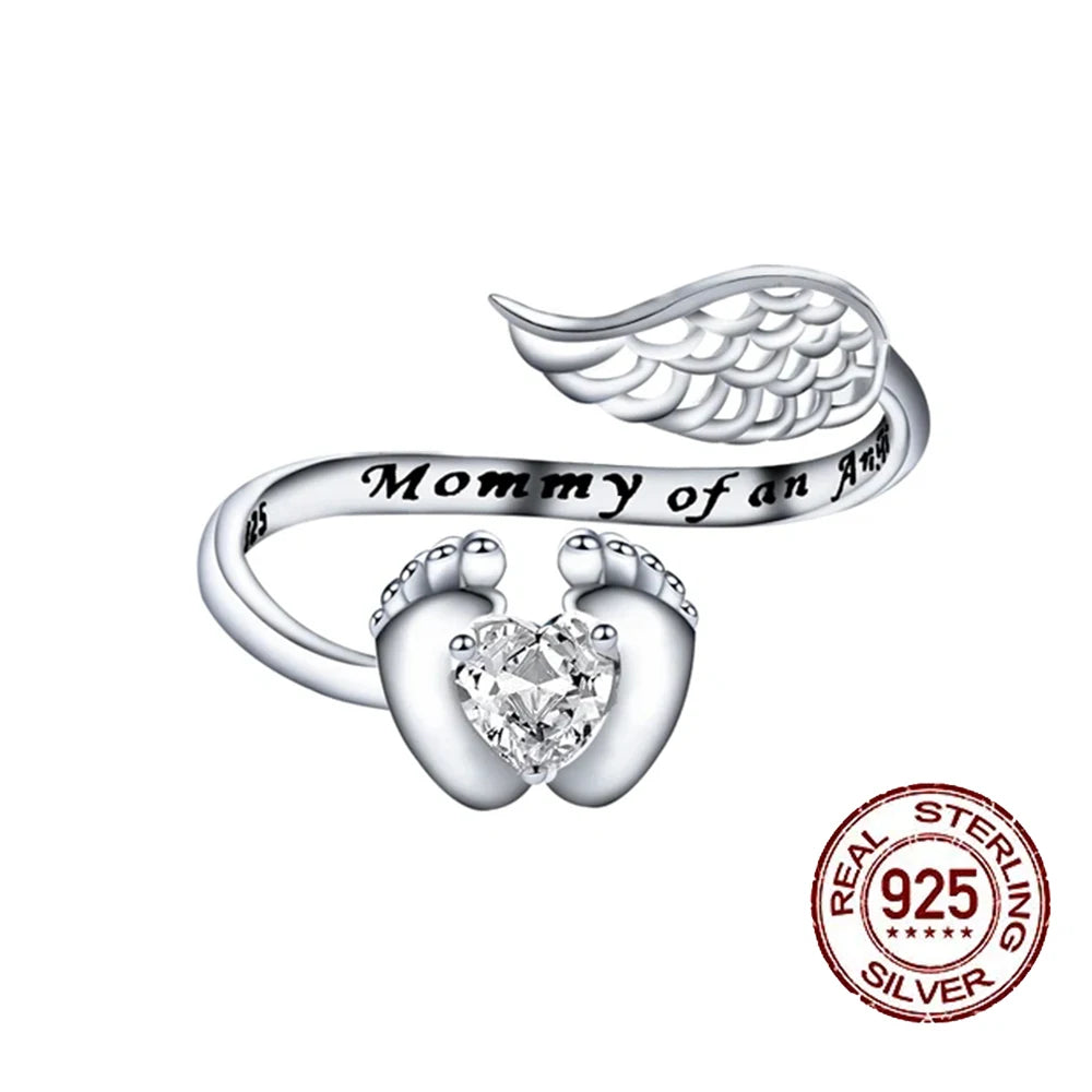 QooLady S925 Sterling Silver Heart CZ Stone Angel Wing Feet Adjustable Size Wrap Ring for Women Mother Day Jewelry Gifts SR040