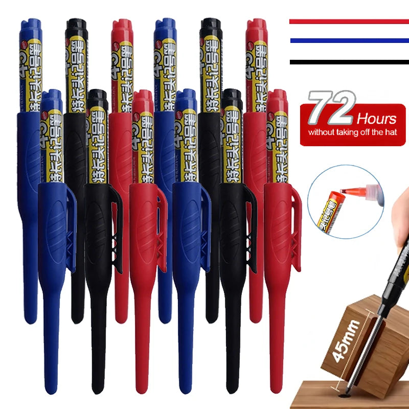 12pcs 45mm Tip Long Head Marker Pens, Black/Blue/Red Woodworking Drilling Tile Marking Pen Can Be Filled, for Deep Hole Marking